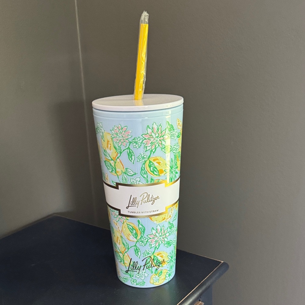 Lilly Pulitzer Blue Floral Tumbler with Yellow Straw